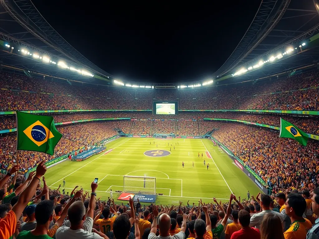 A vibrant image showcasing a football match in a Brazilian stadium, capturing the excitement and energy of the game. The image should convey the passion for sports prevalent in Brazil.