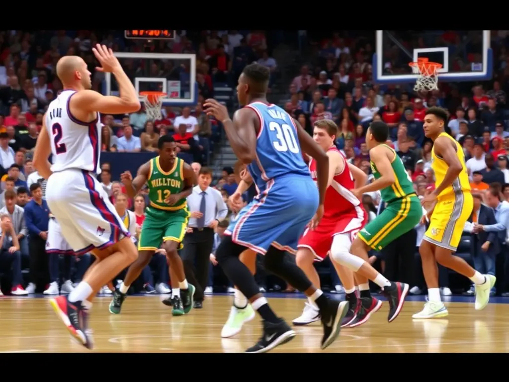 An image of basketball players in action during a game, highlighting the dynamic movements and teamwork involved. The image should represent the fast-paced nature of basketball.